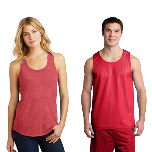 Woman and man models wearing tank tops.